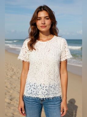 Ellison White Floral Lace Short Sleeve Blouse